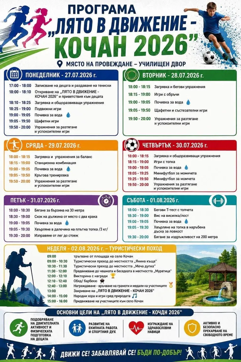 Плакат с пълната програма на „Лято в движение – Кочан 2026“